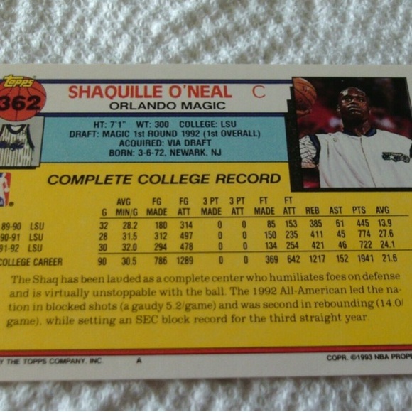 1992-93 SHAQUILLE ONEAL ROOKIE DRAFT PICKS TOPPS #362 MINT !! - Picture 4 of 4